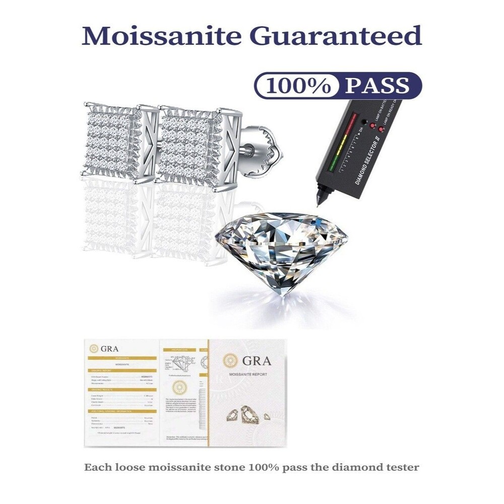 VVS D Moissanite Lab Grown Diamond Stub Square Shape 925 Sterling Silver